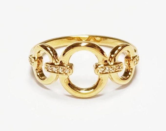 Gold Circle Chain Link Ring • 18K Gold Plated Cz Paved Stones • Statement Modern Circular Openwork Jewelry • Unique Timeless Gift for Woman