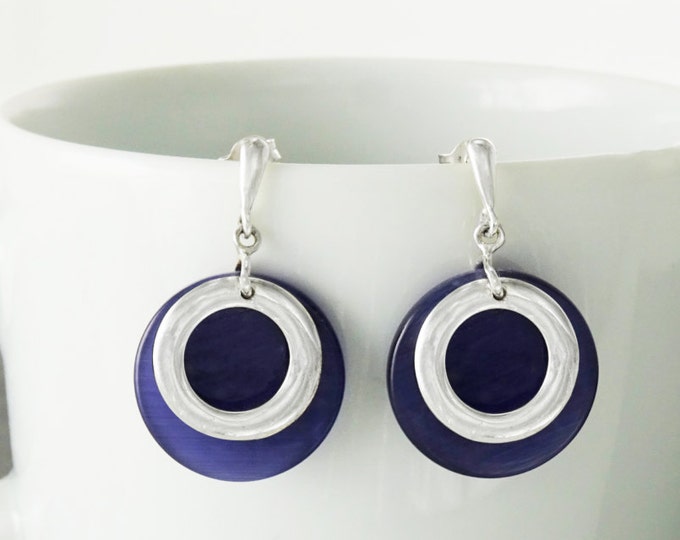 Purple Blue Stone Earrings, Violet Colour Discs, Sterling Silver 925,Geometric Round Circle Earrings, Modern Minimalist Dangle Earrings