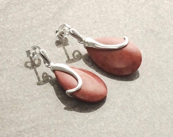 Red Coral Earrings, dyed gorgon Earrings Oval Red Modern Sterling Silver Earrings Teardrop Dangle Earrings party evening cocktail