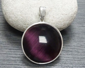 Purple Round Pendant, Sterling Silver, Enhanced Violet Cat's eye Stone Necklace, Statement Modern Minimalist Design Jewelry, Gift
