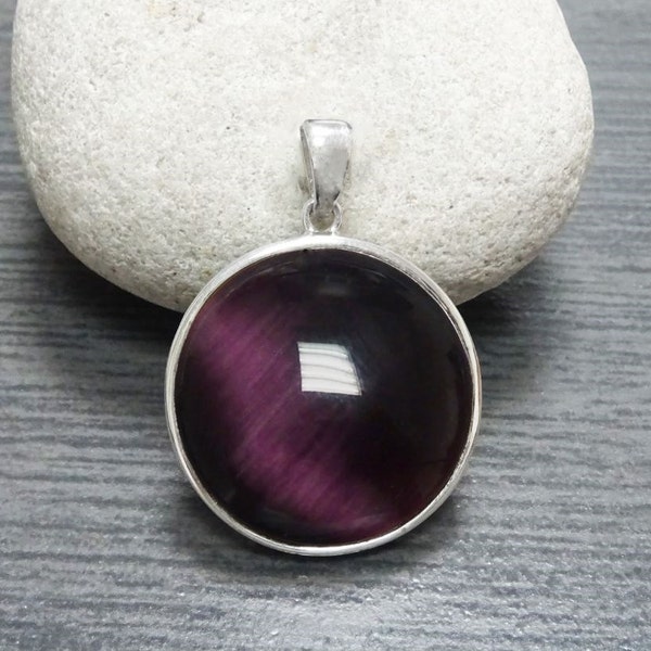 Purple Round Pendant, Sterling Silver, Enhanced Violet Cat's eye Stone Necklace, Statement Modern Minimalist Design Jewelry, Gift