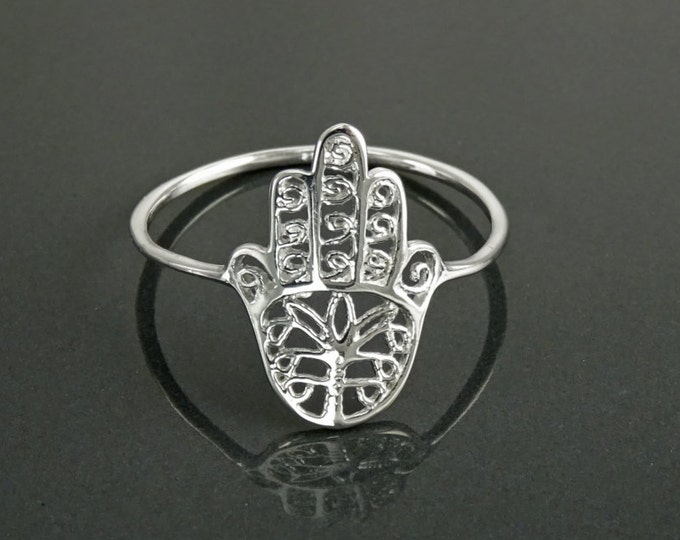 Hamsa Ring, Sterling Silver, Good Luck, Hand of Fatima Ring, Dainty Midi Ring, Hand of God, Filigree Hamsa Ring, against evil eye Ring