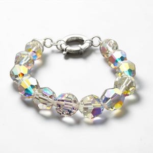 Crystal Bracelet, Rainbow Borealis Reflections Crystal Beaded Bracelet, 10mm Stone Beads balls Jewelry, Sterling Silver Spring Ring Clasp