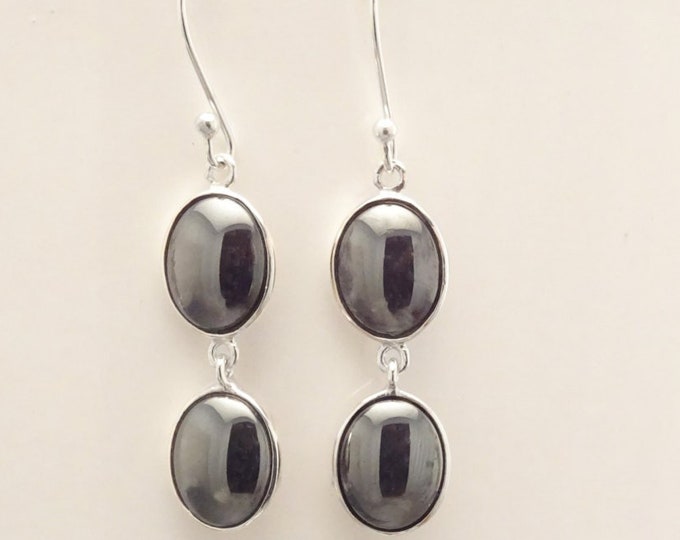 Gray Hematite Stone Earrings, Sterling Silver, NATURAL Grey Hematite Gemstone, Minimalist Modern Jewelry, Dangle Drop Oval 2 Stones Earrings