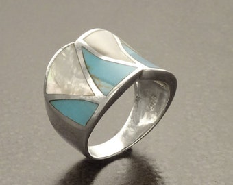 Turquoise  Ring, Sterling Silver, Crossing Blue Turquoise Stone Ring, White Mother of Pearl Shell, Geometrical Framed Design Stones Jewelry