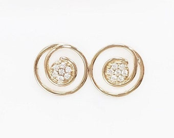 Golden Spiral Earrings, Genuine 18K Gold Plated, white Sparkling Cz stones, Coil Design Stud Earrings, Modern Swirl Loop Design Jewelry.