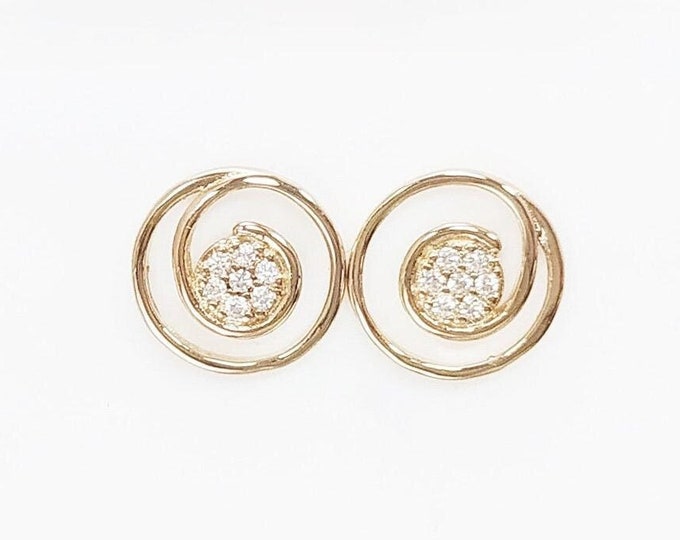 Golden Spiral Earrings, Genuine 18K Gold Plated, white Sparkling Cz stones, Coil Design Stud Earrings, Modern Swirl Loop Design Jewelry.