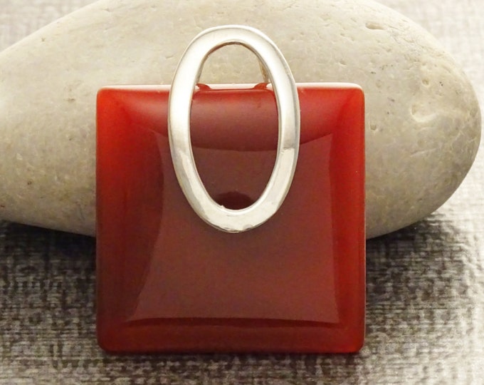 Red Square pendant, sterling silver, red agate color carnelian stone, modern urban minimalist geometric designed stone jewelry