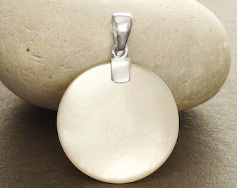 Round Shell pendant, Sterling Silver, Genuine Round White Mother of Pearl, Women Minimalist Design Geometric Moon Disc Jewelry, Woman Gift