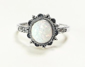 925 Vintage Opal Ring, Sterling Silver, White Fire Opal Gemstone Jewelry, Oval Fiery Opal Stone Jewelry, Woman Boho Tribal Style Gift
