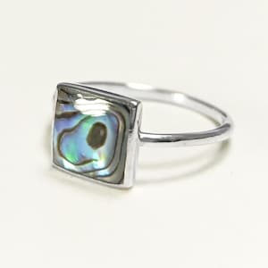Abalone Bague Carrée, Argent 925 sertie d'une Nacre Abalone, Nacre Véritable au Couleur Bleu Vert avec des Reflets Naturelle,