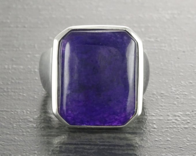 GENUINE Dark Amethyst Ring, Sterling Silver, Unique Purple Jewelry, Unisex Gemstone Ring, February Birthstone, Large Violet Rectangle Stone