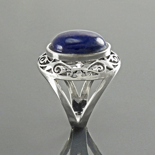 Bague Filigrane Lapis NATUREL, Argent 925, Véritable Lapis Lazuli Bleu, Cabochon Oval, Bague Antique, Bague Vintage, Bague Victorienne, Boho