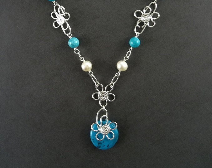 Turquoise Boho necklace, sterling silver, fresh water pearl, blue Round Stone,  hipster flower pattern jewelry