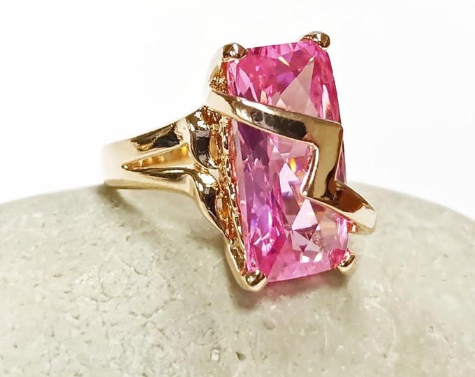 Pink Statement Ring • 18K Gold Plated • Modern Baguette Cut Cz Stone • Elegant Cocktail Jewelry with Chevron Accent • Ideal Gift for Women.