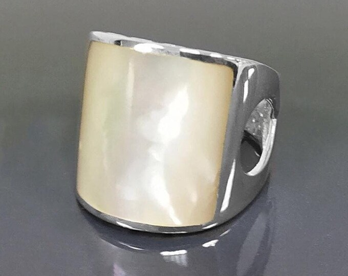 White Square MOP Ring, sterling silver, cuff ring, large armor Ring, modern minimalist wide stone design jewelry, Mother-of-Pearl Shell