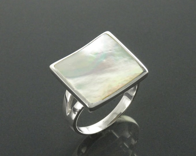 White Square Ring, Sterling Silver, Minimalist Geometric White Stone Ring, Mother of Pearl Shell , Curved Stone, Modern Minimal Jewelry