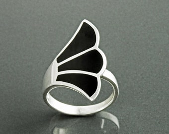 Art Nouveau Ring, Sterling Silver, Flat Stone Ring, Onyx Jewelry, Fanned Wave Wing, Unique Band Ring, Original Designer Ring