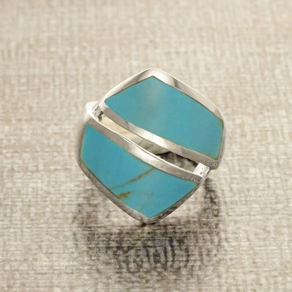 Bague Bleu Turquoise, Argent Massif 925, Bague Croisée, Bijoux Turquoise, Bague Ethnique, Bague Moderne, Design Épuré, Bague Géométrique