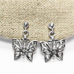 Butterfly Earrings, Sterling Silver, Boho Filigree Butterflies Pattern Earrings, Nature Insect Jewelry, Dangle Butterfly Wings Earrings