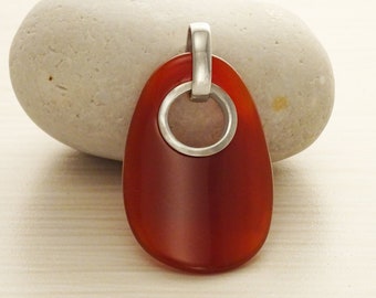 Red Stone pendant, modern Sterling silver Statement Agate Oval-shaped stone, Woman gift