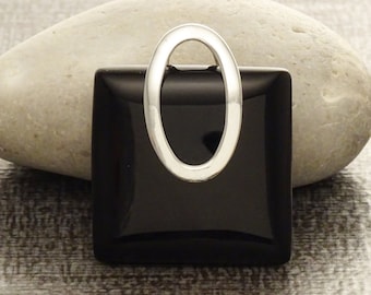 Square Onyx Pendant, Sterling Silver, Black Color Onyx Stone, Statement Everyday Urban Minimalist Modern Geometric Designed Stone Jewelry