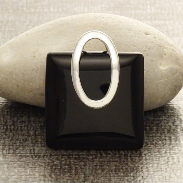 Square Onyx Pendant, Sterling Silver, Black Color Onyx Stone, Statement Everyday Urban Minimalist Modern Geometric Designed Stone Jewelry