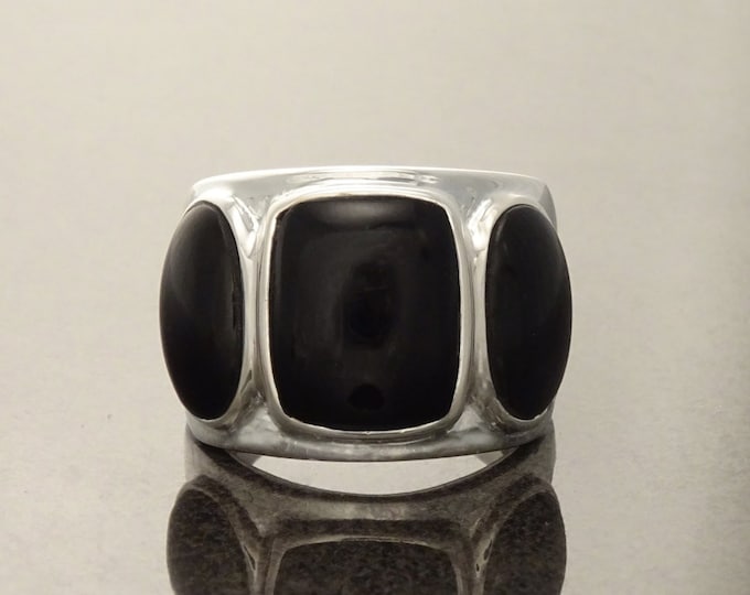 Black Onyx Ring - Sterling Silver - Black Stone Ring - Black Band Ring - Silver Jewelry - Wide Stones Ring - Statement Ring