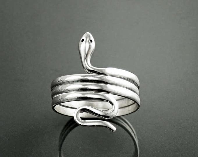 Snake Coil Ring, Sterling Silver, Big Coiling Snakes Ring, Spiral Cuff Ring, Wide Wrap Ring, Wrapped Reptilian Jewelry, large Reptile Ring