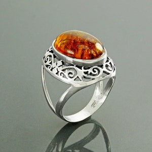 Sterling Silver 925 Antique Vintage Bali Bohemian Ring Intricate Filigree Jewelry Boho Amber Ring GENUINE Amber Gemstone with Inclusions