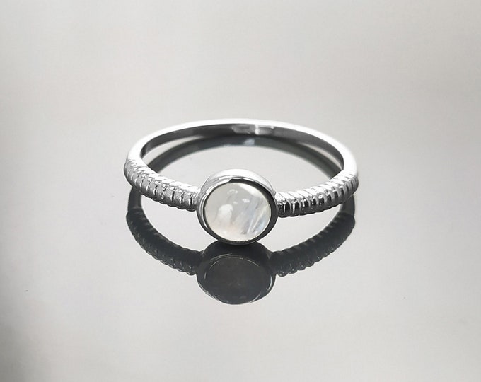 Round Moonstone Ring, Sterling Silver, Rainbow Gemstone, Small Domed Stone, Modern Ethnic Chic Braided Band Shank, Casual Style Jewelry
