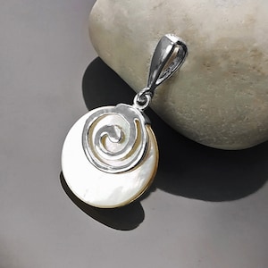 White Round Spiral Pendant, Sterling Silver, Genuine Mother of Pearl Shell Jewelry, Modern Geometric Design, Minimalist Stone Necklace