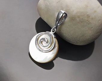White Round Spiral Pendant, Sterling Silver, Genuine Mother of Pearl Shell Jewelry, Modern Geometric Design, Minimalist Stone Necklace