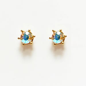 Rainbow Opal Stud Earrings by KRAMIKE • 18K Gold-Plated Elegant Clear Iridescent Cz Stone • Everyday Jewelry • Minimalist 6mm or 4mm Studs