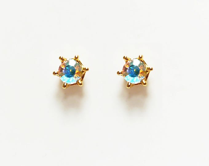 Rainbow Opal Stud Earrings by KRAMIKE • 18K Gold-Plated Elegant Clear Iridescent Cz Stone • Everyday Jewelry • Minimalist 6mm or 4mm Studs