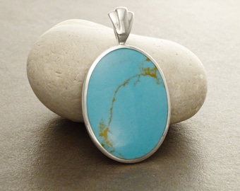 Turquoise Pendant, Sterling Silver, Blue Turquoise Stone, Oval Pendant Necklace, Vintage Style Jewelry