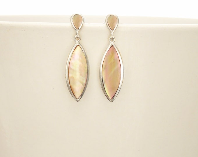 GENUINE Brown Paua Shell Dangle Earrings, Sterling Silver, Brown Pearl with Iridescent Rainbow Highlights, Geometric Oval Shape, Minimalist