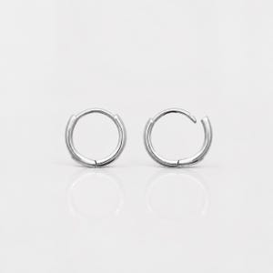 Peut inclure: Une paire de petites créoles argentées polies. Chaque boucle d'oreille présente un design circulaire avec un mécanisme de fermeture à charnière visible sur le dessus. Le métal a une surface lisse et réfléchissante, et les boucles sont côte à côte.