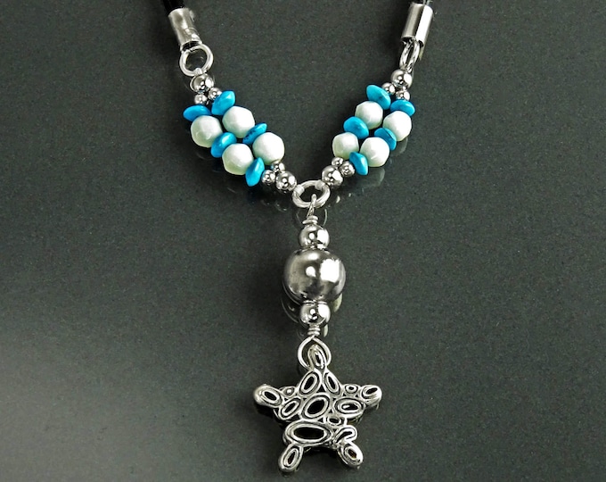 Summer Necklace, Sterling Silver 925, Blue Turquoise Stone and White Stones Balls, Star Pendant, Black Cotton Wire, Beach Surfer Jewelry