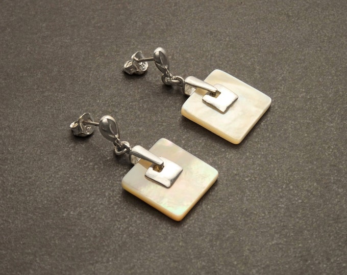 White Square Earrings, Sterling Silver, Genuine Mother of Pearl Shell Jewelry, Geometric Dangle Earrings, Woman Modern Earrings