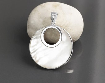 White Moon Pendant, Sterling Silver, GENUINE Mother of Pearl Shell with Reflections Jewelry, Unique Round Geometric Minimalist  Necklace