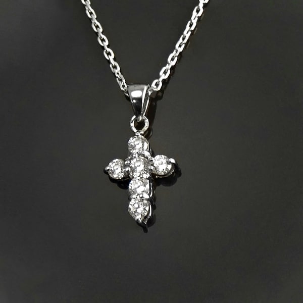 Collier Argent Croix, Argent 925, Collier Croix Zirconias Couleur Diamant, Bijou Croix, Bijou Religieux, Pendentif Crucifix, Communion