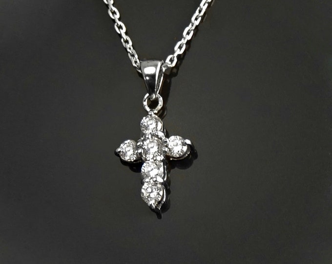 Small Cross Necklace, Sterling Silver, Cz stones, Christian Cross Jewelry, Religious Sign Charm, Dainty Crucifix Pendant Pendant