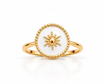 Sun Ring • 18K Gold plated • Sunburst White Lacquer Medallion Band • Celestial Boho Talisman
