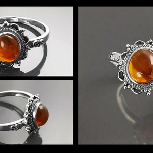 Antique Amber Ring, Sterling Silver, Genuine Amber Ring, Dainty Stone Ring, Midi Oval Ring, Boho Jewelry, Vintage Hipster Ring image 7