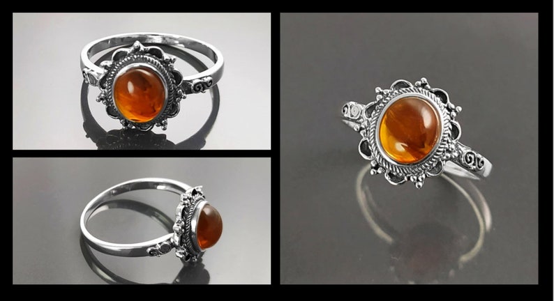 Antique Amber Ring, Sterling Silver, Genuine Amber Ring, Dainty Stone Ring, Midi Oval Ring, Boho Jewelry, Vintage Hipster Ring image 7