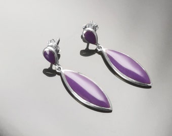 Purple Earrings - Sterling Silver Earrings, Drop Violet Oval Almond Shape, Bright Purple Earrings, Dainty Earrings, Silver Jewelry.