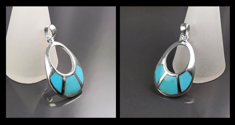 Turkoshängenörhängen, Sterlingsilver, Oval mandelformad blå sten, Geometriska droppstensörhängen, Moderna smycken, Dingla örhängen bild 10