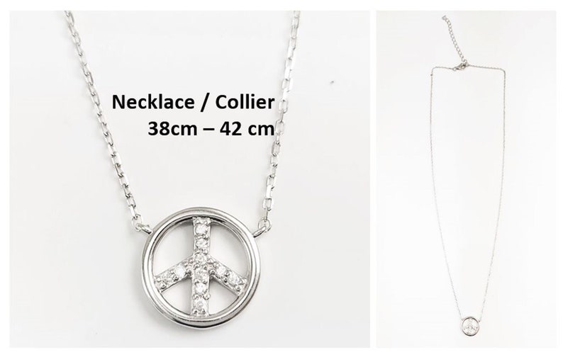 Collier Peace & Love, argent 925, chaîne pendentif symbole signe d'amour et de paix, bijoux Boho Hipster icone des 70's, pierres zirconia image 1