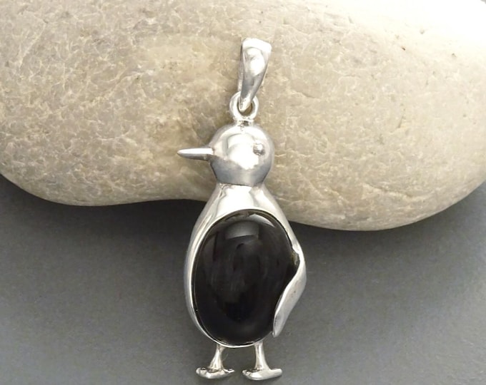 Penguin, Sterling Silver, Razorbill Auk Necklace Animal Jewelry Bird Pendant Dainty Jewelry Dainty Pendant Black Onyx Stone